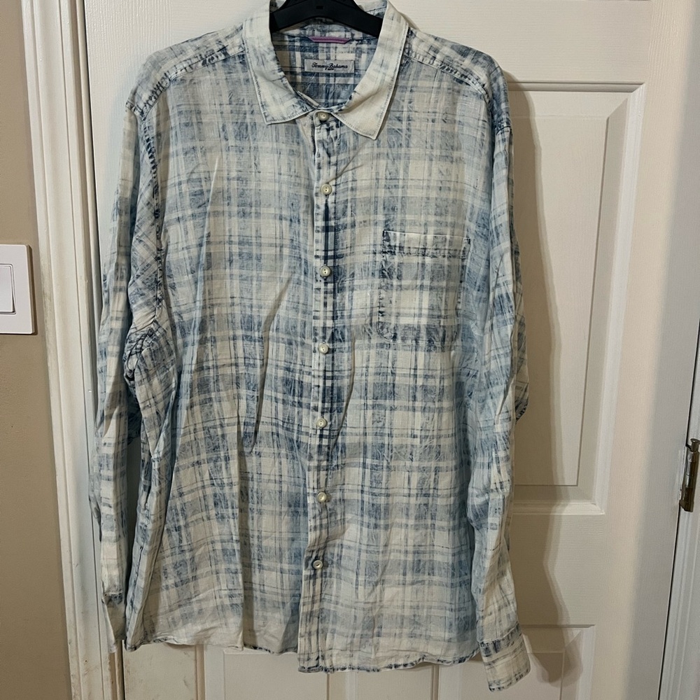 100% Linen Tommy Bahama Men’s XXL Blue Plaid Button Down Shirt Island Beach